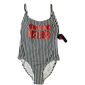 NEW No Boundaries Do Not Disturb Black‎ White Stripe Cheeky High Leg Swimsuit M